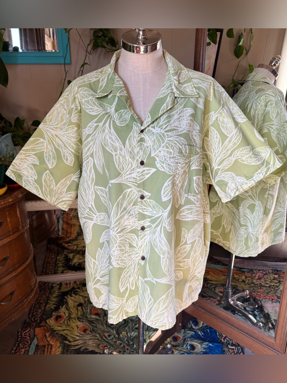 RJC Hawaiian 3XL Aloha SS Cotton Shirt Lime Green Cream Tropical Leaves